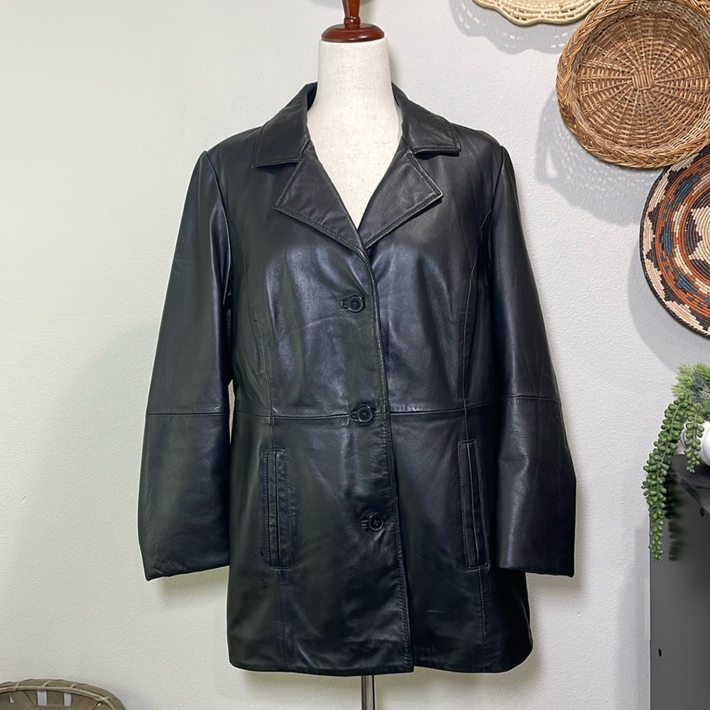 Black Leather Women's Notch Collar 3 Button Jacket Coat Vintage Size Large